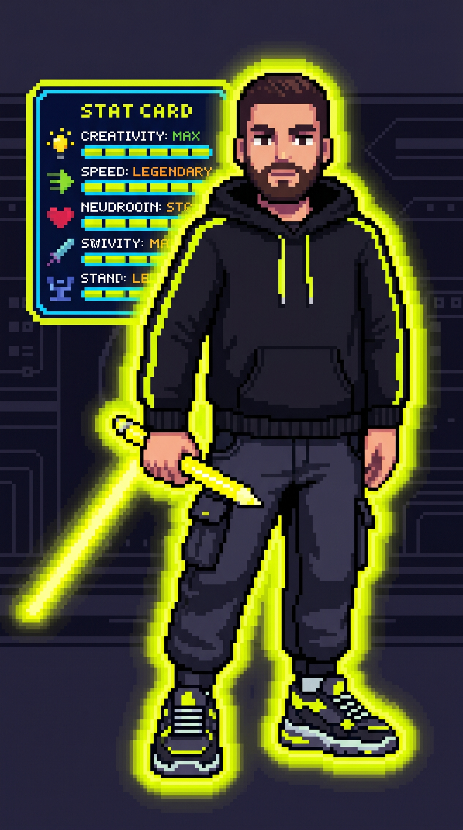 PIXEL-95 Creative Director — Pixel art character with stat card